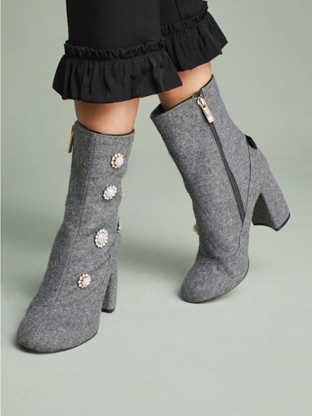 Anthropologie Nanette Lepore Linette Wool Embellished Bow Ankle Boots Grey 7 - Picture 2 of 15